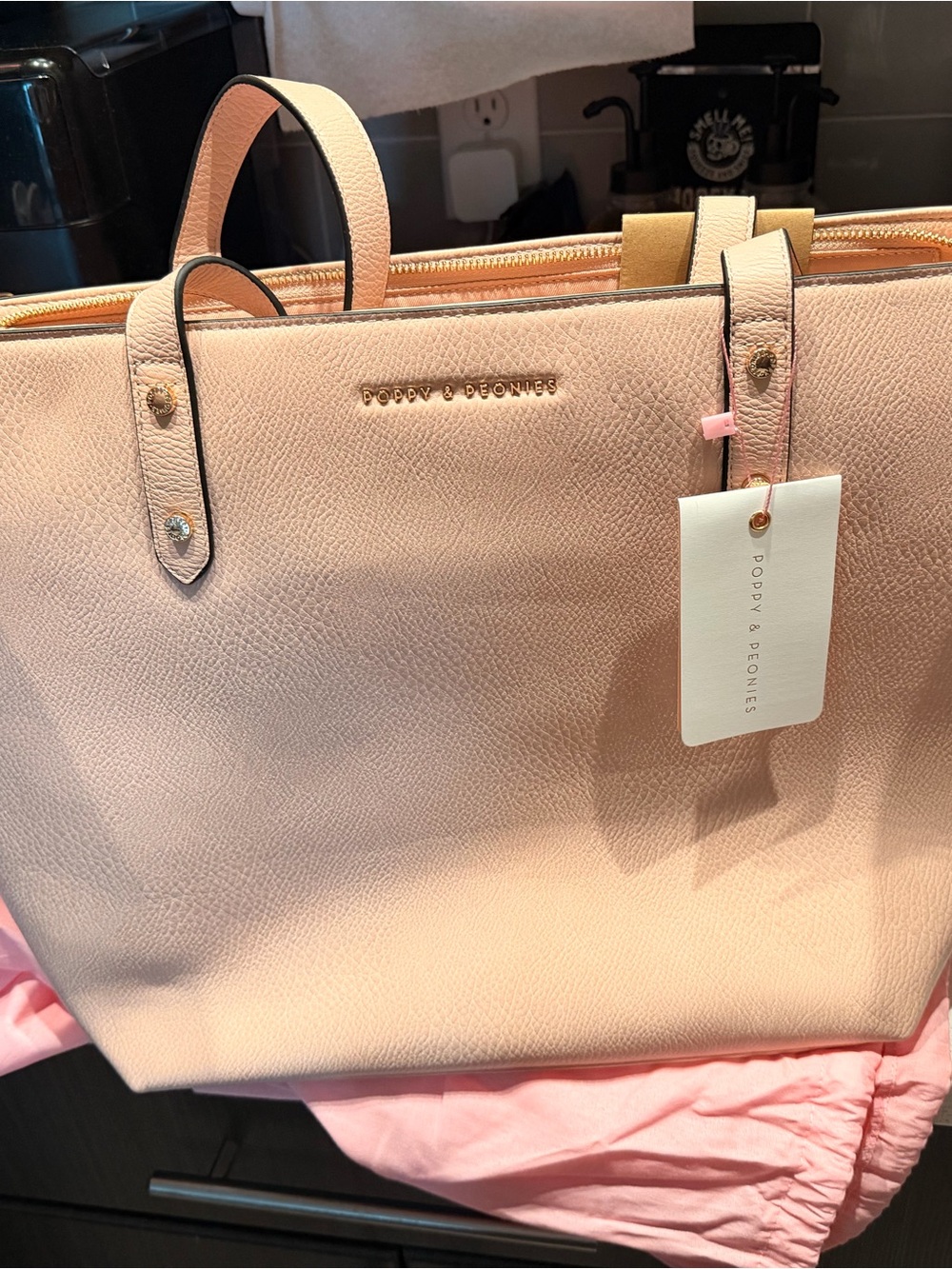 Poppy & Peonies Pale Pink Pebbled Tote with Gold Logo aka The Go Getter